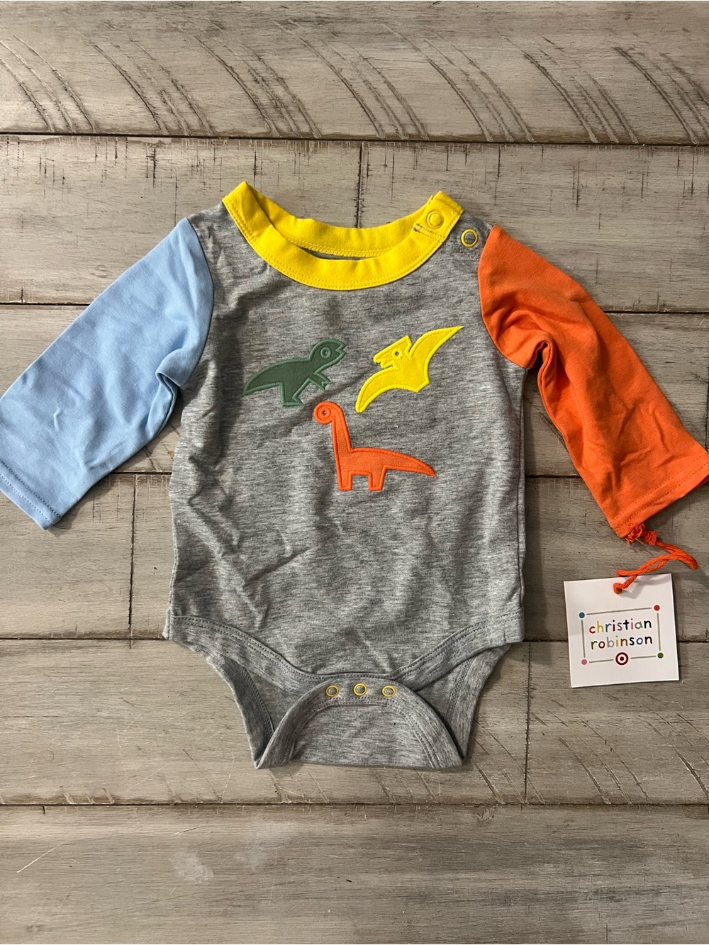 Grey Dinosaur One-Piece Bodysuit with Colorful Sleeves